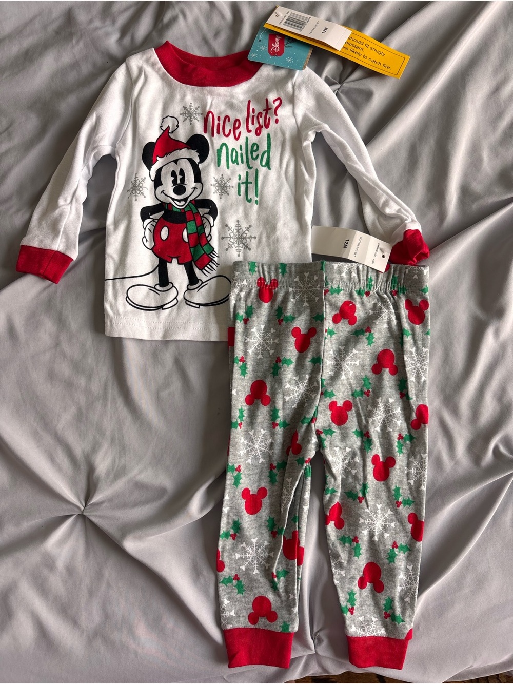 Disney White & Red Mickey Mouse Christmas Holiday Pajama Set 12 Months NEW